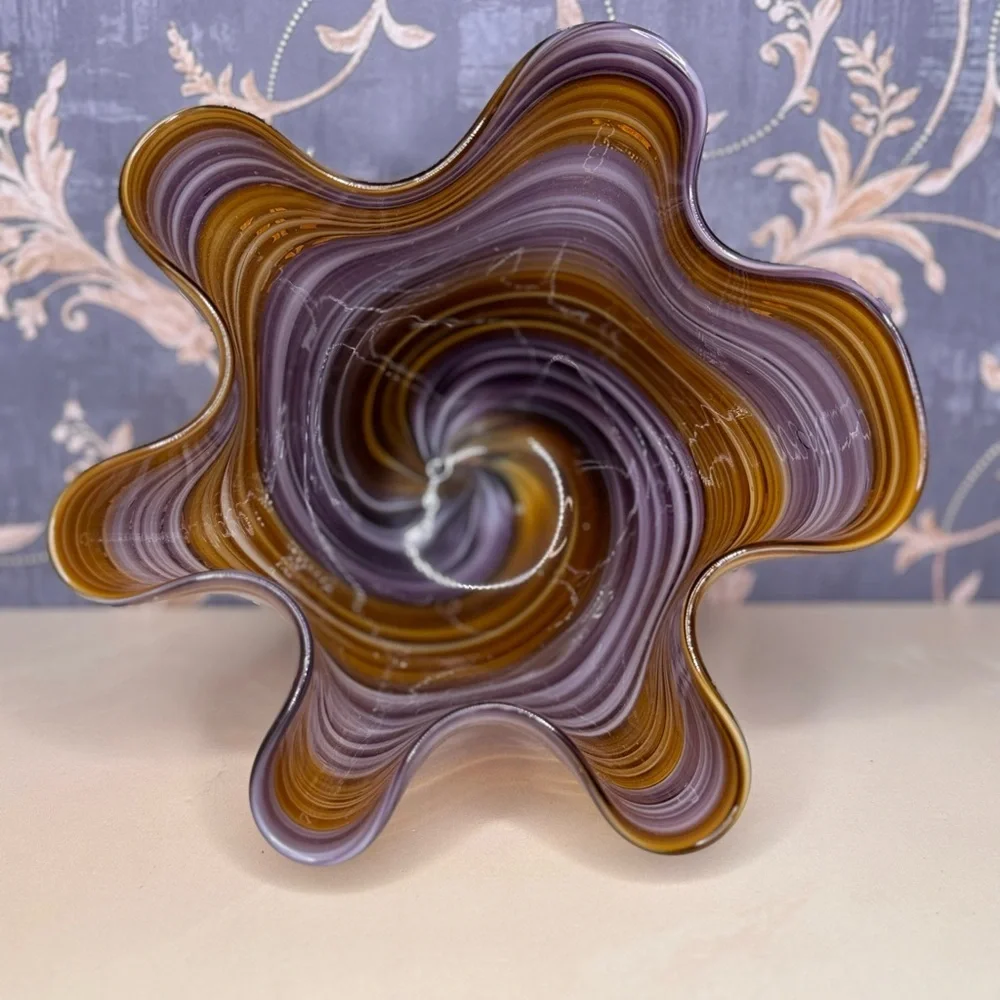 Vintage Estate Murano Style Art Glass Handkerchief Bowl Brown Purple